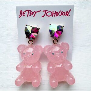 Betsey Johnson Gummy Bear Pink Iridescent Crystal Heart Earrings
